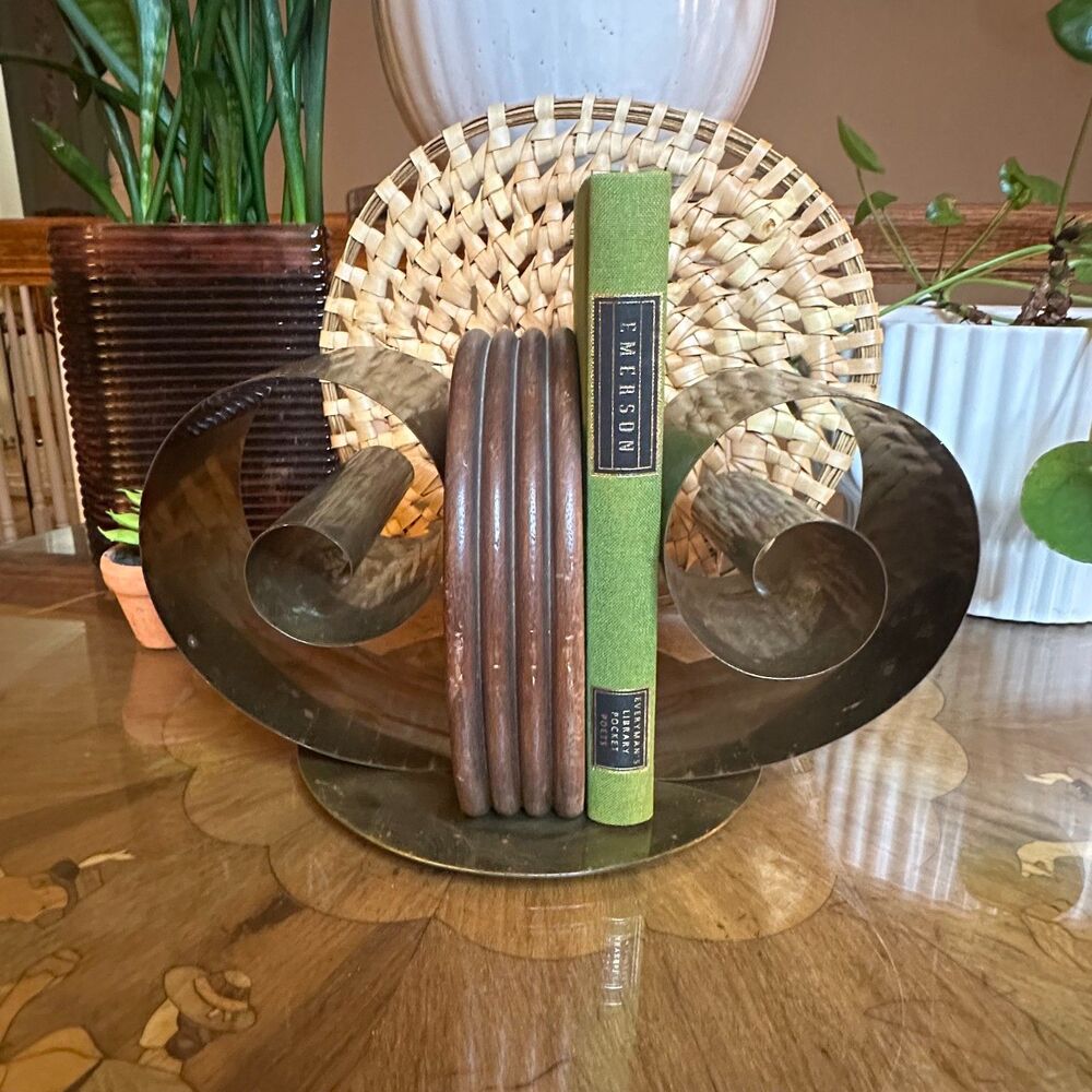 Vintage Art Deco Style Brass & Walnut Sculptural Spiral Book Holder Stand